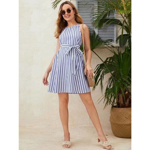 Maternity Vertical Striped Tie Back Belted sleeveless Dress blue white preppy - Picture 3 of 5